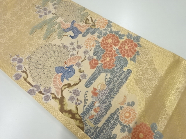 JAPANESE KIMONO / VINTAGE FUKURO OBI / SILK / WOVEN PEONY & PEACOCK